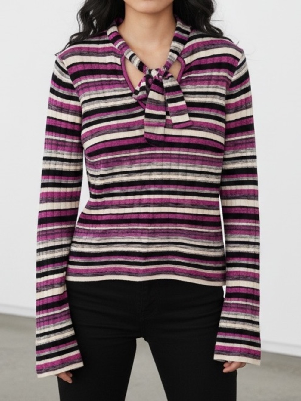 MISSONI Striped Tie Neck Sweater EU Size 42 or US 10